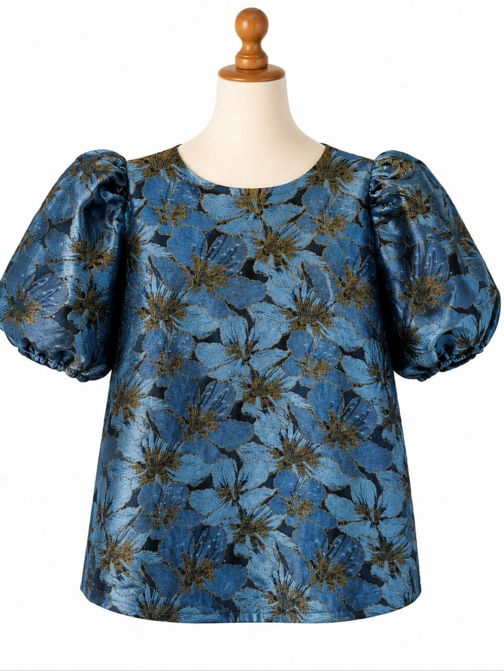 Tuckernuck Pomander Place Blue Gold Floral Jacquard Lyla Blouse Puff Sleeve L